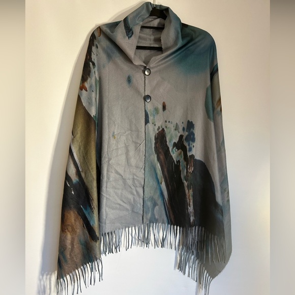 SHAWL ARTSY BLUE BUTTONS SCARF WATERCOLOR PRINT FRINGE DETAILS O/S - Picture 1 of 10
